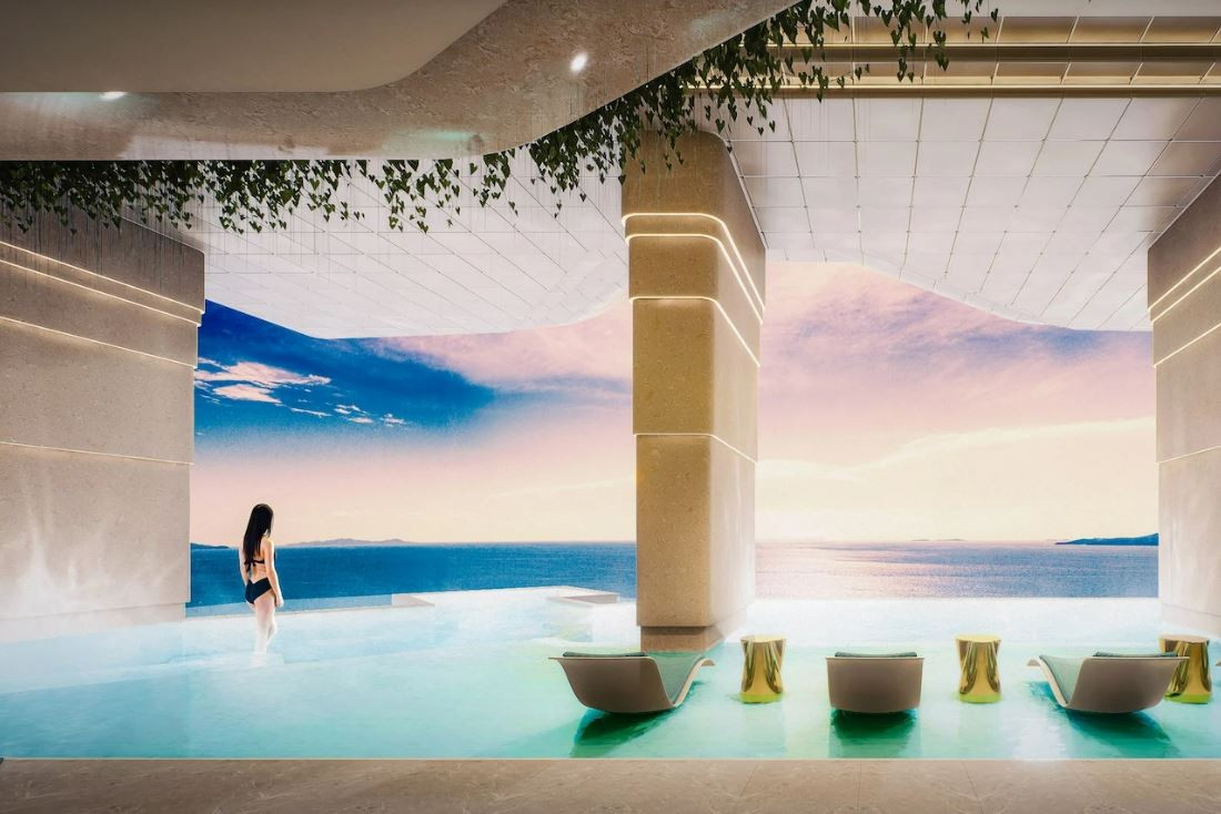 Seaspire — rooftop pool lounge at sunset